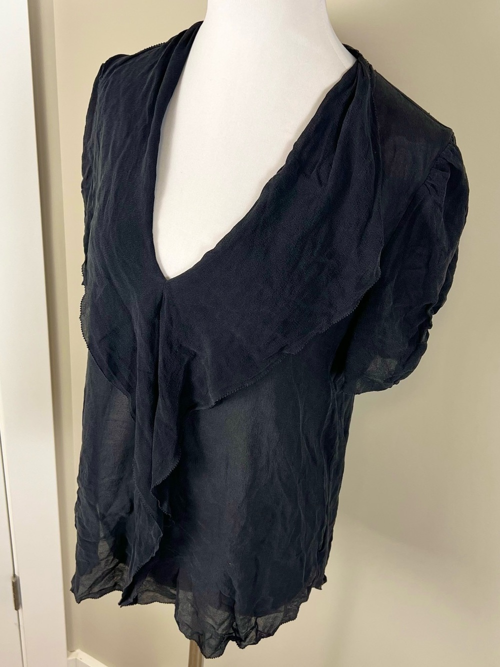 Babaton 100% Silk Black Women’s Sheer V-Neck Ruffle Blouse